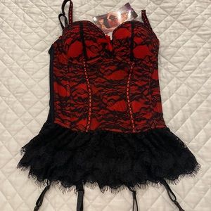 Sexy red and black lace bustier with attached eyelash lace skirt matching thong